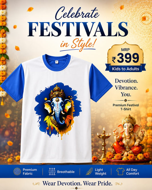 Premium Festival T-Shirt featuring a vibrant Ganesha design