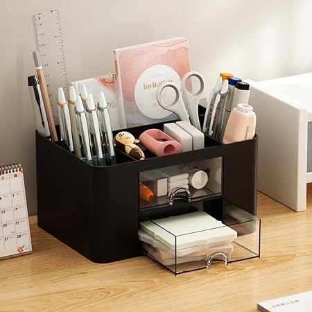 UCRAVO Plastic Versatile Desk Organiser with 5 Compartments, 2 Drawers and Multifunctional Storage Options - Ideal for Office Supplies, Stationery and Desk Accessories, Office Organiser - Black
