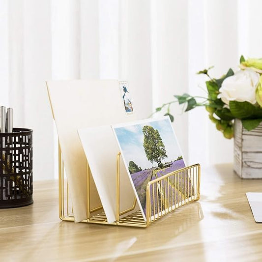 CentraLit File and Magazine Holder - Book Shelf Organiser Small book shelf for table Metal Letter Organiser with 3 Compartments, Desk Table Decor, Letter Document Sorter (Gold)