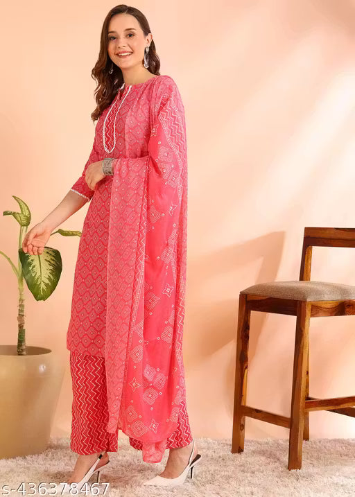 Women's Poly Rayon Printed Straight Kurta with Plazzo & Dupatta