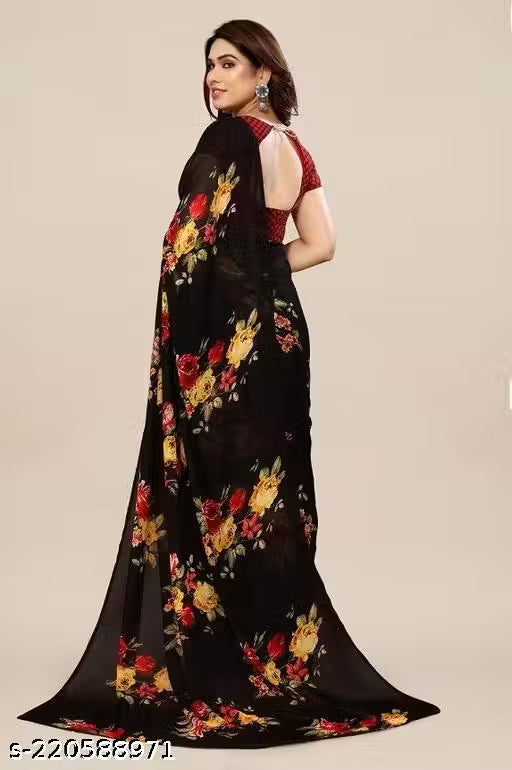 Women's Desinger Georgette Floral Printed Saree with Blouse Piece