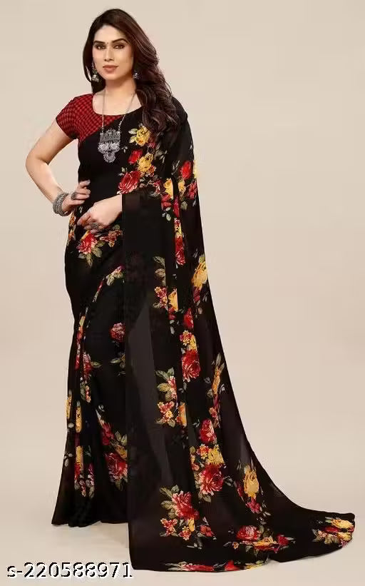 Women's Desinger Georgette Floral Printed Saree with Blouse Piece