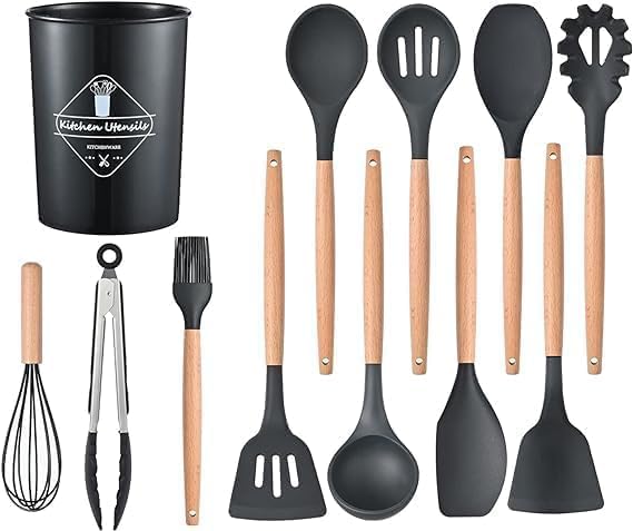 12-Piece Silicone Kitchen Utensil Set with Wooden Handles,Non-Stick, BPA-Free Cooking & Baking Tools –Heat Resistant, Flexible, Silicone Cookware Set – Spatulas, Spoons, Whisk & More