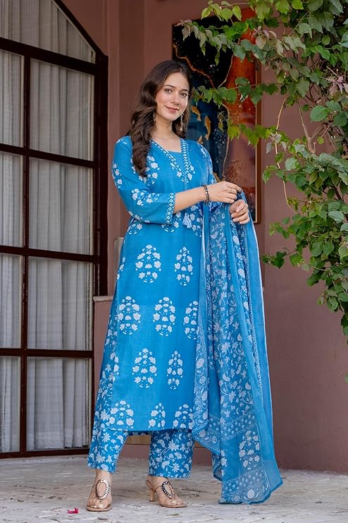 Women's Pure Cotton Printed Straight Kurta Set with Palazzo Pants & Dupatta- Ethnic Wear, Green