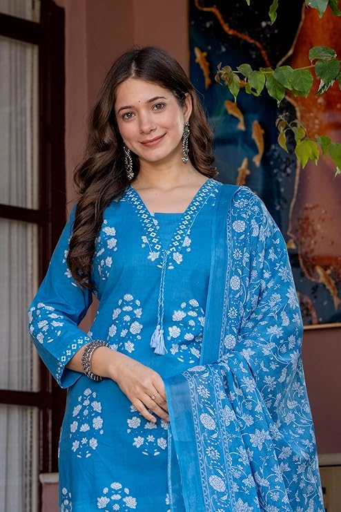 Women's Pure Cotton Printed Straight Kurta Set with Palazzo Pants & Dupatta- Ethnic Wear, Green