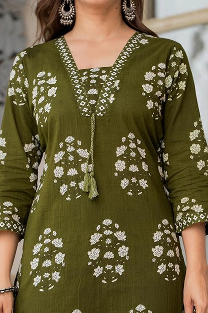 Women's Pure Cotton Printed Straight Kurta Set with Palazzo Pants & Dupatta- Ethnic Wear, Green