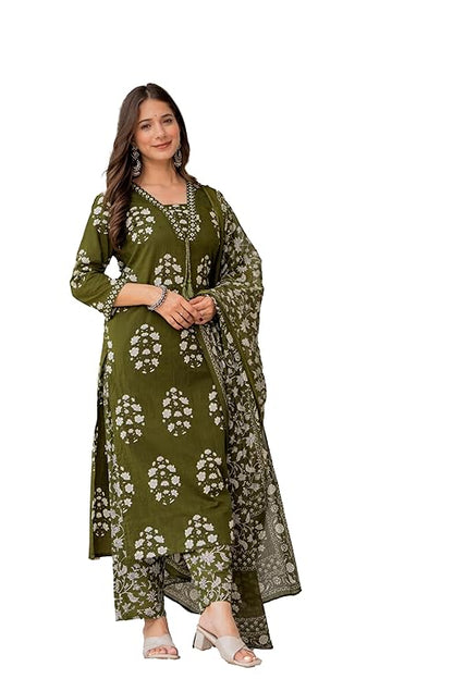 Women's Pure Cotton Printed Straight Kurta Set with Palazzo Pants & Dupatta- Ethnic Wear, Green