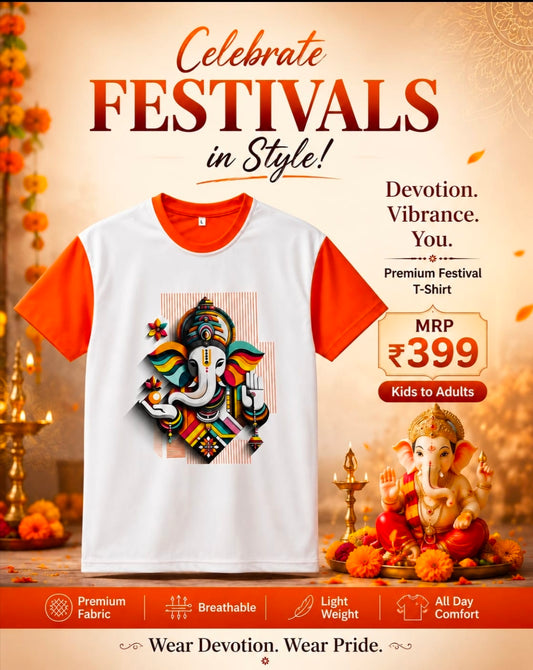 Premium Festival T-Shirt featuring a vibrant Ganesha design