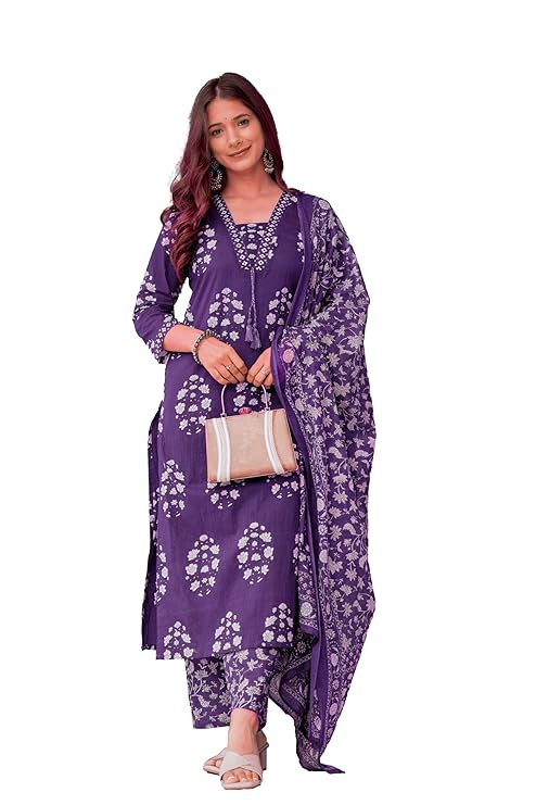 Women's Pure Cotton Printed Straight Kurta Set with Palazzo Pants & Dupatta- Ethnic Wear, Green