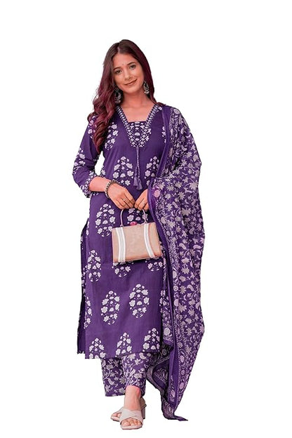 Women's Pure Cotton Printed Straight Kurta Set with Palazzo Pants & Dupatta- Ethnic Wear, Green