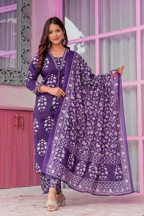 Women's Pure Cotton Printed Straight Kurta Set with Palazzo Pants & Dupatta- Ethnic Wear, Green