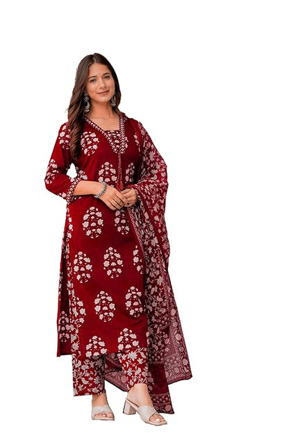 Women's Pure Cotton Printed Straight Kurta Set with Palazzo Pants & Dupatta- Ethnic Wear, Green