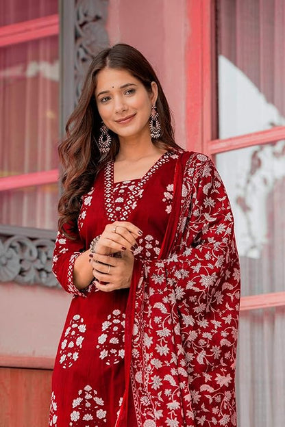 Women's Pure Cotton Printed Straight Kurta Set with Palazzo Pants & Dupatta- Ethnic Wear, Green