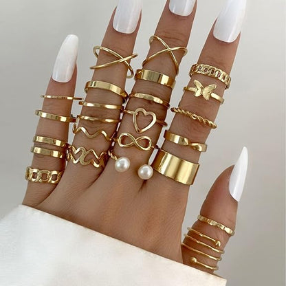 Fashion 22pcs Latest Stylish Stackable Kunckle Rings Set for Women and Girls Butterfly Heart Boho Gold and Silver Plated Rings