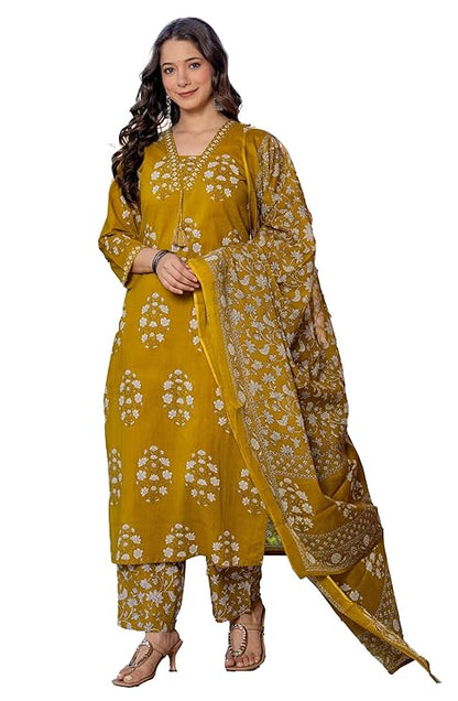 Women's Pure Cotton Printed Straight Kurta Set with Palazzo Pants & Dupatta- Ethnic Wear, Green