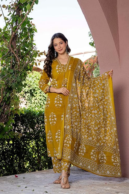 Women's Pure Cotton Printed Straight Kurta Set with Palazzo Pants & Dupatta- Ethnic Wear, Green