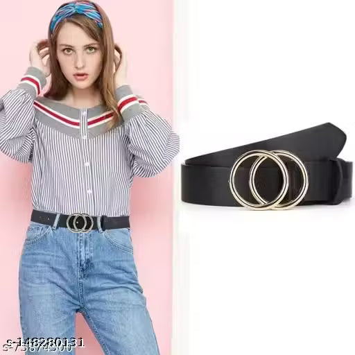Satyam Belts Black Double Ring Faux Leather Belt For Women's & Girls