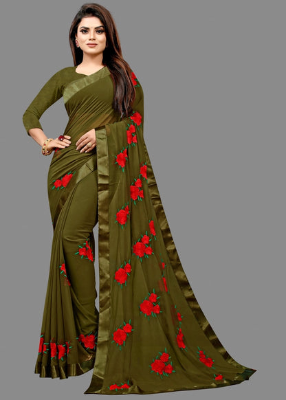 Georgette Embroidered Saree for Women (Bottle Green, 6.3 m)