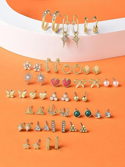 Zaveri Pearls Set of 25 Gold Tone Classy Contemporary Studs & Hoop Earrings For Women