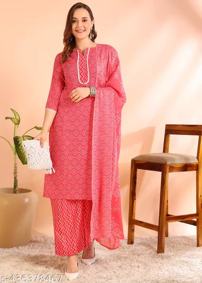 Women's Poly Rayon Printed Straight Kurta with Plazzo & Dupatta