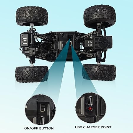 NHR Rechargeable Remote Control Car Toy with LED Smoke Effect and Anti-Slip Tyres, 1:18 Scale, Off-Road RC 2WD Monster Truck Gift for Kids Boys and Girls Age 3+ (Black)