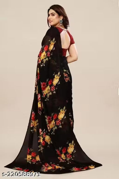 Women's Desinger Georgette Floral Printed Saree with Blouse Piece
