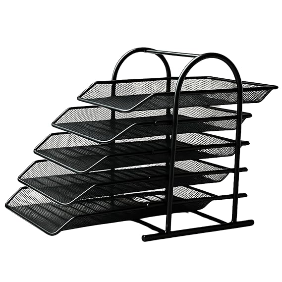 File Desk Tray, 5-Tier Sliding Shelf Countertop Metal Mesh File/Documents/Letters/A4 Size Files Rack Organizer With Slidable Compartments - Black