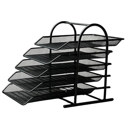 File Desk Tray, 5-Tier Sliding Shelf Countertop Metal Mesh File/Documents/Letters/A4 Size Files Rack Organizer With Slidable Compartments - Black