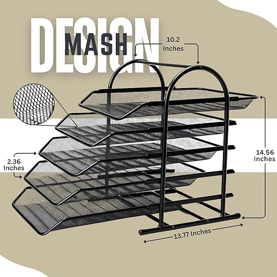 File Desk Tray, 5-Tier Sliding Shelf Countertop Metal Mesh File/Documents/Letters/A4 Size Files Rack Organizer With Slidable Compartments - Black