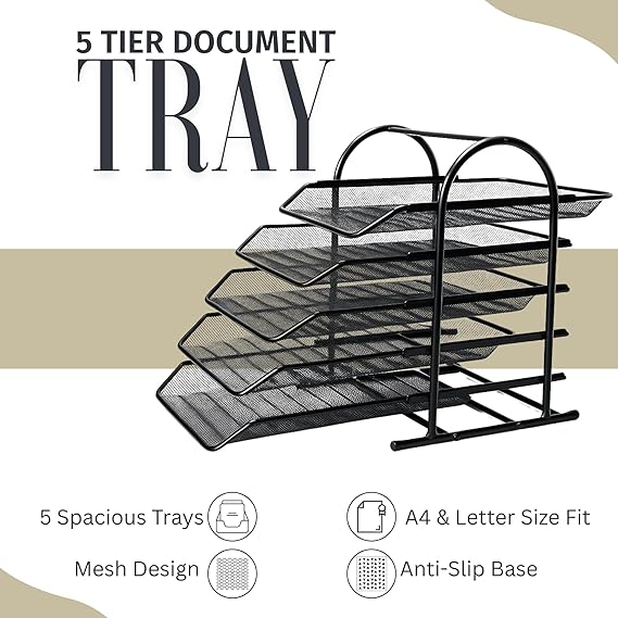 File Desk Tray, 5-Tier Sliding Shelf Countertop Metal Mesh File/Documents/Letters/A4 Size Files Rack Organizer With Slidable Compartments - Black