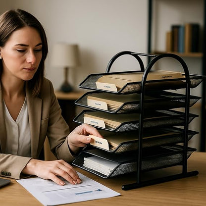 File Desk Tray, 5-Tier Sliding Shelf Countertop Metal Mesh File/Documents/Letters/A4 Size Files Rack Organizer With Slidable Compartments - Black