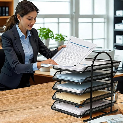 File Desk Tray, 5-Tier Sliding Shelf Countertop Metal Mesh File/Documents/Letters/A4 Size Files Rack Organizer With Slidable Compartments - Black